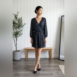 Patterned Black Mini Wrap Dress with V-Neck